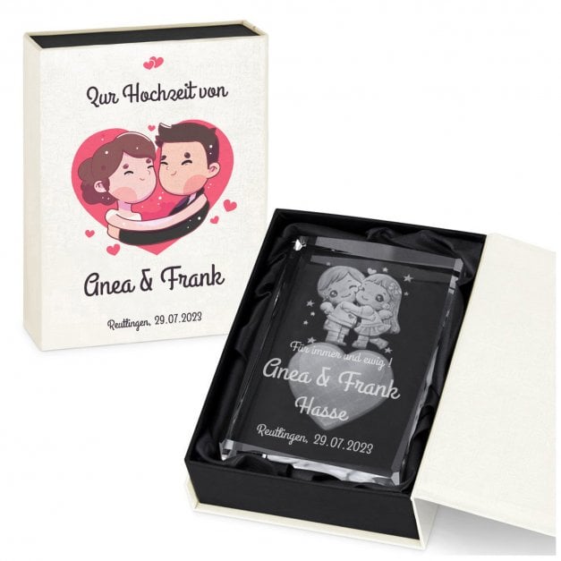 Glas-Statuette Herz Pärchen mit 3D-Gravur für ein Paar zur Hochzeit