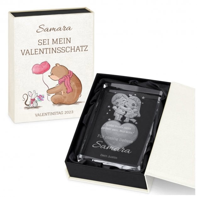 Glas-Statuette Herz Pärchen mit 3D-Gravur für Ihre Freundin Ehefrau zum Valentinstag