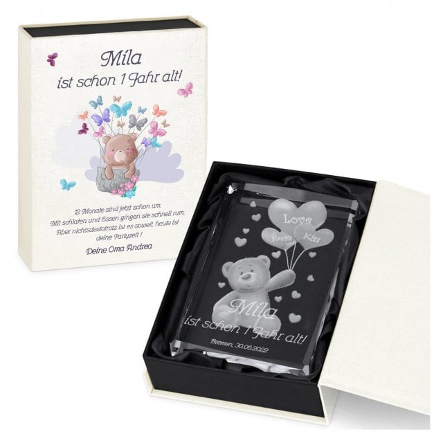 Glas-Statuette Teddybär mit 3D-Gravur für ein Mädchen zum 1. Geburtstag