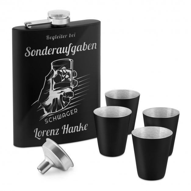 Schwarzer Flachmann mit 4 Schnapsbechern und Gravur für Ihren Schwager