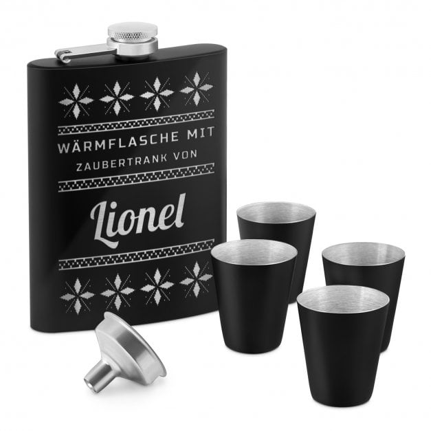 Schwarzer Flachmann mit 4 Schnapsbechern und Gravur für ihn zu Weihnachten