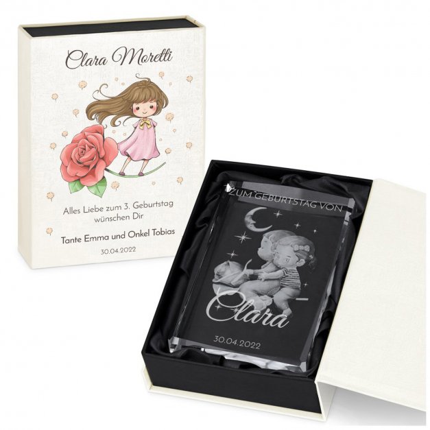 Glas-Statuette Pärchen Rose Mond mit 3D-Gravur zum Kindergeburtstag