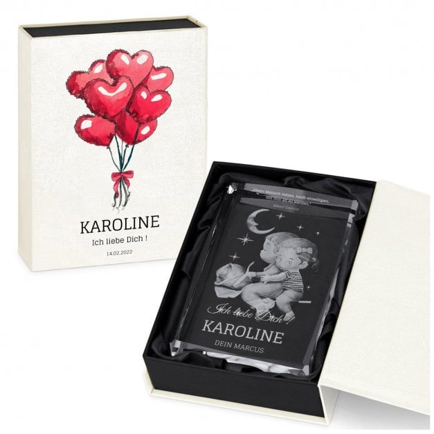 Glas-Statuette Pärchen Rose Mond mit 3D-Gravur für sie zum Valentinstag