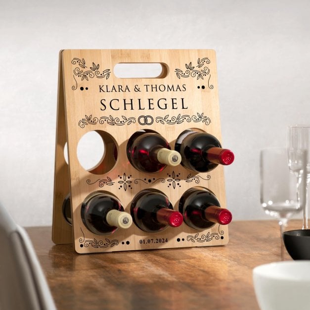 Weinständer aus Bambusholz mit Aufdruck für ein Ehepaar zur Hauseinweihung zum Hochzeitstag
