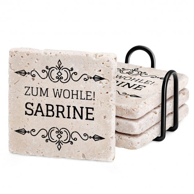 4er Sandstein Untersetzer-Set mit Metallständer und Gravur für sie zum Geburtstag Jubiläum