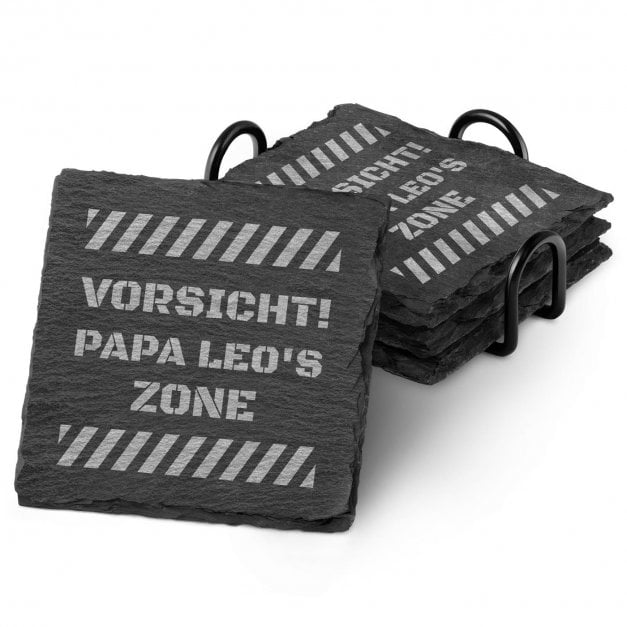 4er Schiefer Untersetzer-Set mit Metallständer und Gravur für Ihren Vater