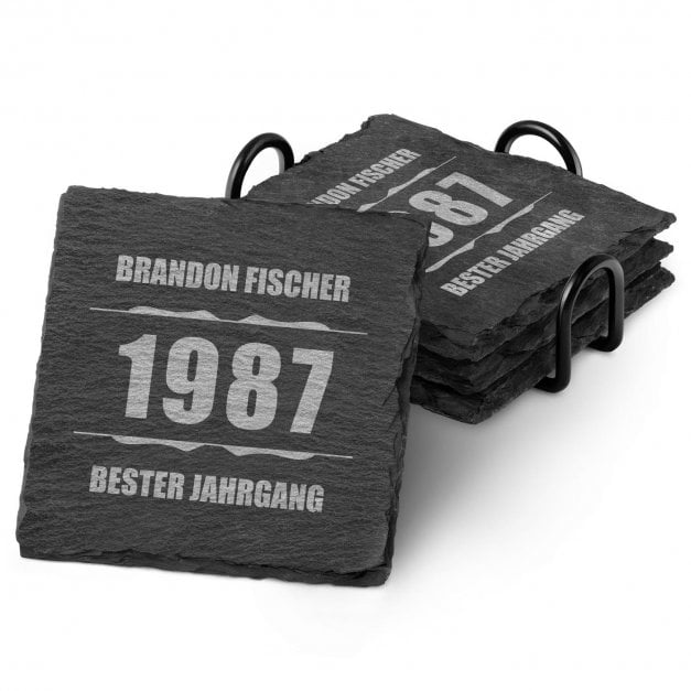 4er Schiefer Untersetzer-Set mit Metallständer und Gravur für Ihre Mutter