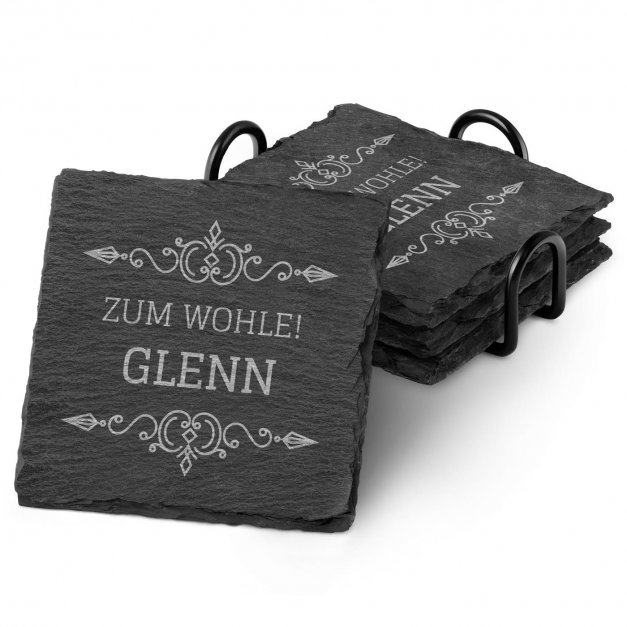 4er Schiefer Untersetzer-Set mit Metallständer und Gravur für sie zum Geburtstag Jubiläum