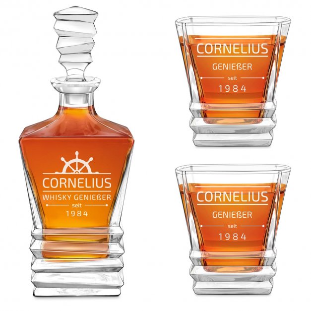 Geometric Whisky Karaffe mit 2 Gläsern und Gravur für einen Segler Partygänger zum Geburtstag
