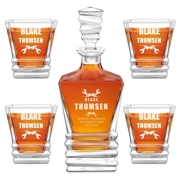 Geometric Whisky Karaffe mit 4 Gläsern und Gravur für einen Mechaniker Autofahrer Heimwerker zum Geburtstag