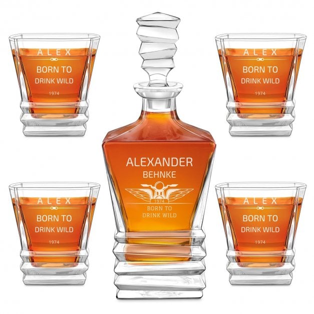 Geometric Whisky Karaffe mit 4 Gläsern und Gravur für einen Motorradfahrer zum Geburtstag
