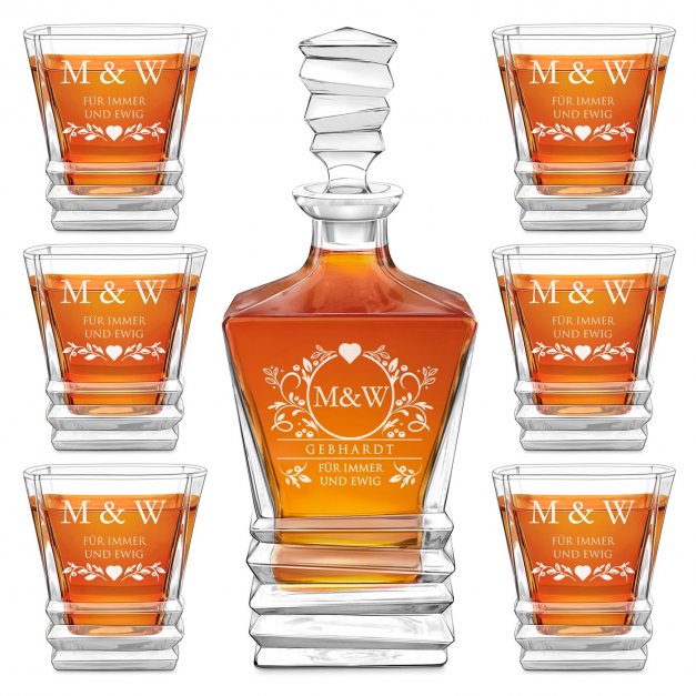 Geometric Whisky Karaffe mit 6 Gläsern und Gravur für ein Paar zur Hochzeit zum Jahrestag