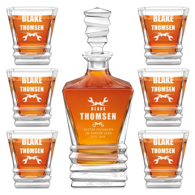 Geometric Whisky Karaffe mit 6 Gläsern und Gravur für einen Mechaniker Autofahrer Heimwerker zum Geburtstag
