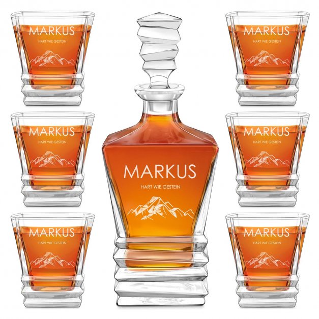 Geometric Whisky Karaffe mit 6 Gläsern und Gravur für einen Bergliebhaber Reisenden