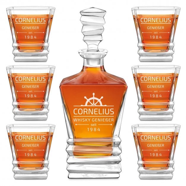 Geometric Whisky Karaffe mit 6 Gläsern und Gravur für einen Segler Reiseliebhaber Partygänger zum Geburtstag