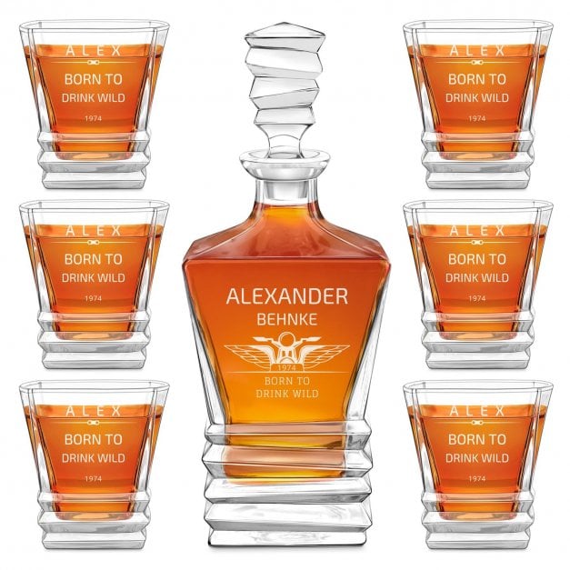 Geometric Whisky Karaffe mit 6 Gläsern und Gravur für einen Motorradfahrer