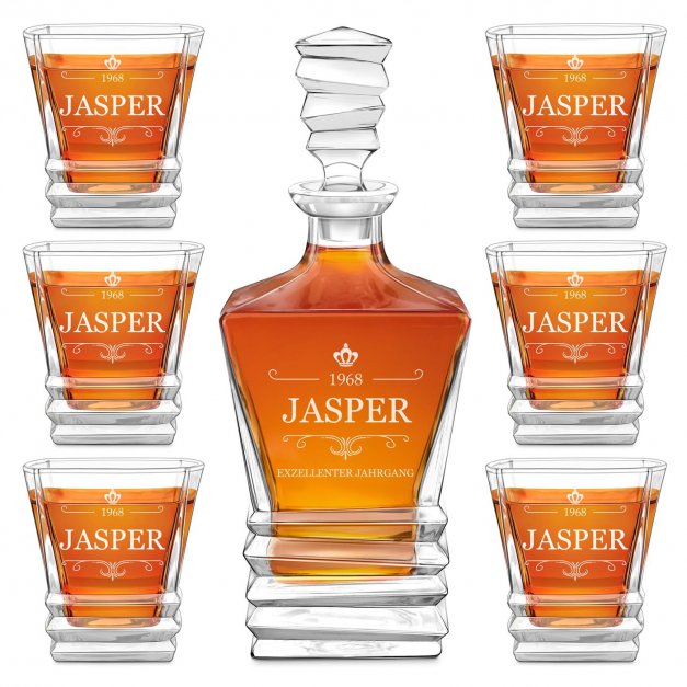 Geometric Whisky Karaffe mit 6 Gläsern und Gravur für ein Geburtstagskind