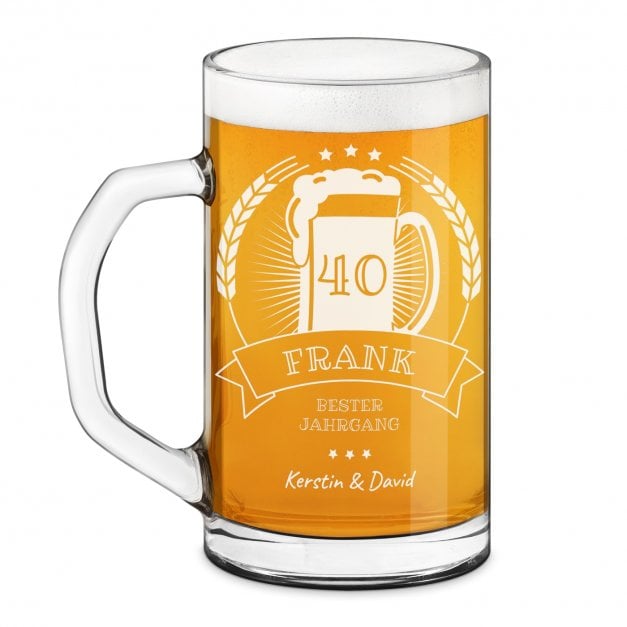 Bierseidel aus Glas mit Gravur für einen Biergenießer zum 40. Geburtstag