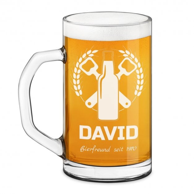 Bierseidel aus Glas mit Gravur für einen Bierfreund zum Geburtstag