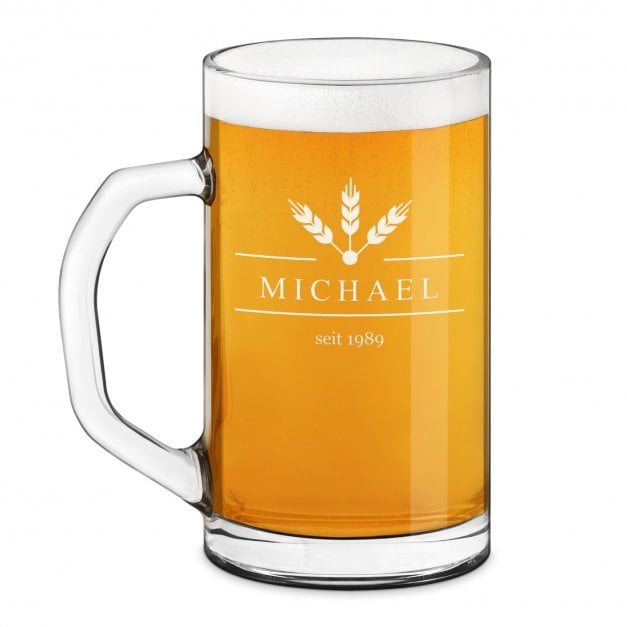 Bierseidel aus Glas mit Gravur für einen Biergenießer Ähren