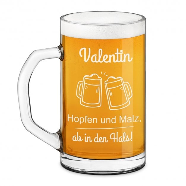 Bierseidel aus Glas mit Gravur für einen Biertrinker zum Geburtstag Hopfen