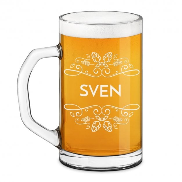 Bierseidel aus Glas mit Gravur für einen Biertrinker Hopfenzapfen