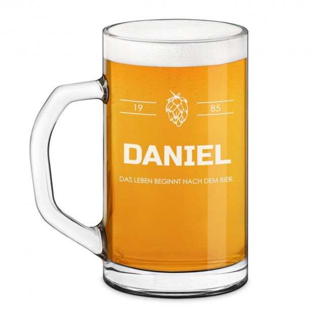 Bierseidel aus Glas mit Gravur für einen Biergenießer zum Geburtstag Abschied Jubiläum