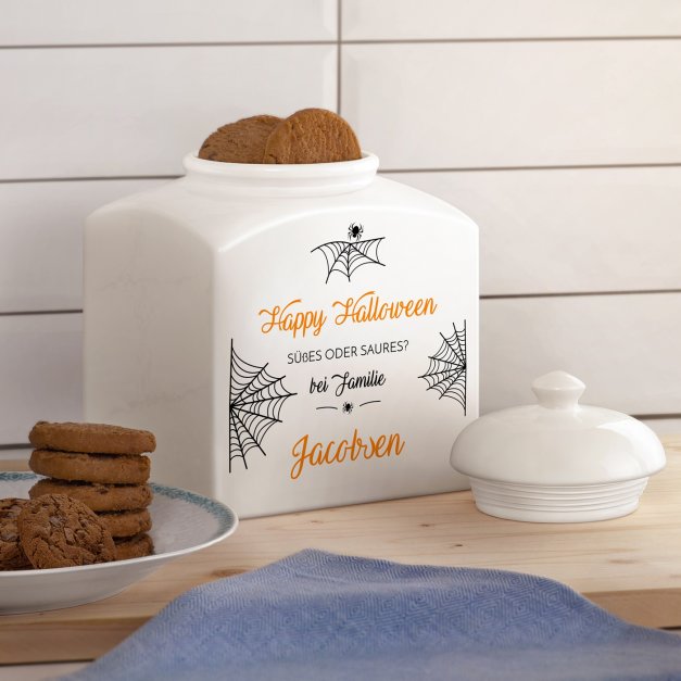 Weiße Keramikdose mit Aufdruck zu Halloween