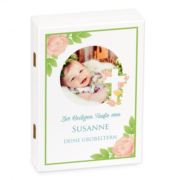 Animal Kinderbesteck mit Gravur inklusive Holzbox mit Aufdruck von eigenem Foto Hellbraun für ein Mädchen zur Taufe Rosen