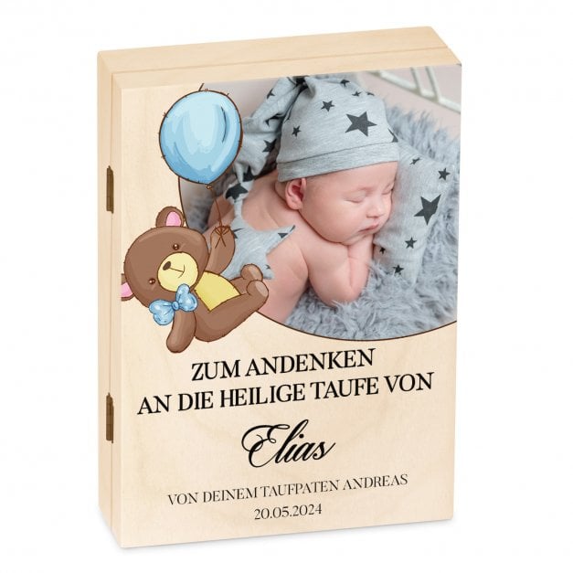 Animal Kinderbesteck mit Gravur inklusive Holzbox mit Aufdruck von eigenem Foto Hellbraun für einen Jungen zur Taufe Teddybär