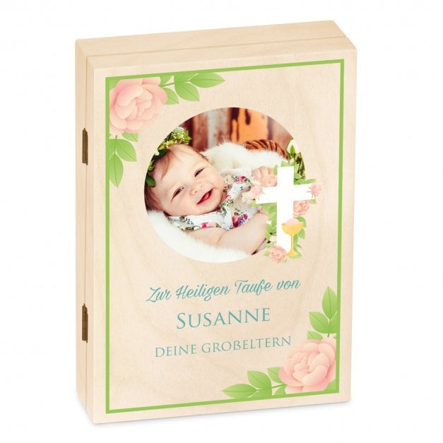Animal Kinderbesteck mit Gravur inklusive Holzbox mit Aufdruck von eigenem Foto Hellbraun für ein Mädchen zur Taufe Rosen