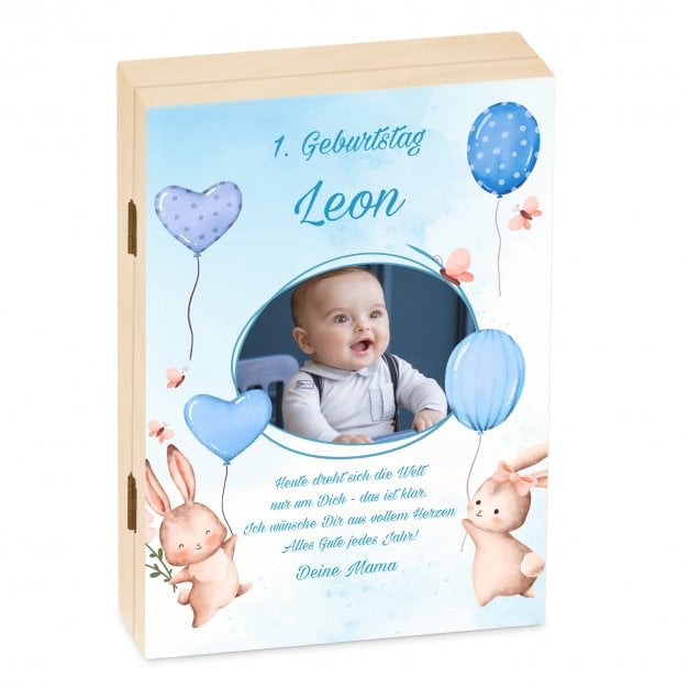 Animal Kinderbesteck mit Gravur inklusive Holzbox mit Aufdruck von eigenem Foto Hellbraun für einen Jungen zum 1. Geburtstag Luf