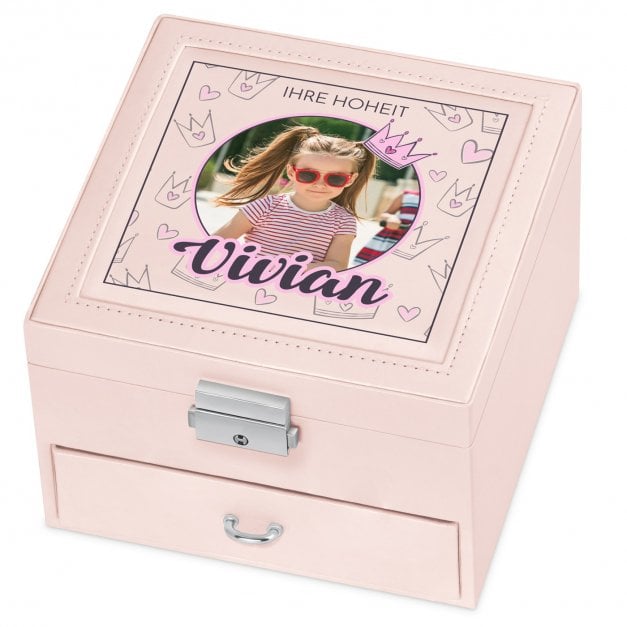 Puderrosa Schmuckkästchen mit Aufdruck und eigenem Cover-Foto für ein Mädchen zum Geburtstag