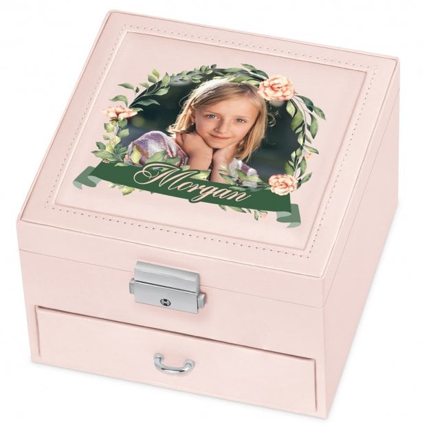 Puderrosa Schmuckkästchen mit Aufdruck und eigenem Cover-Foto für ein kleines Mädchen zum Geburtstag