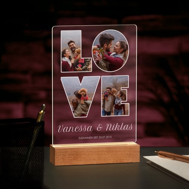 Beleuchteter LED-Rahmen mit eigenen Fotos und Holzständer Größe L für ein Brautpaar zum Jahrestag zur Hochzeit oder Einweihungsp