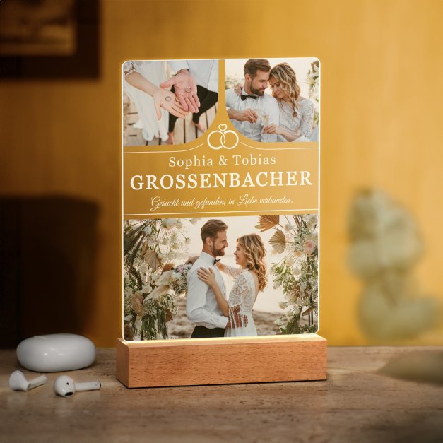 Beleuchteter LED-Rahmen mit eigenen Fotos und Holzständer Größe L für ein Traumpaar zur Hochzeit