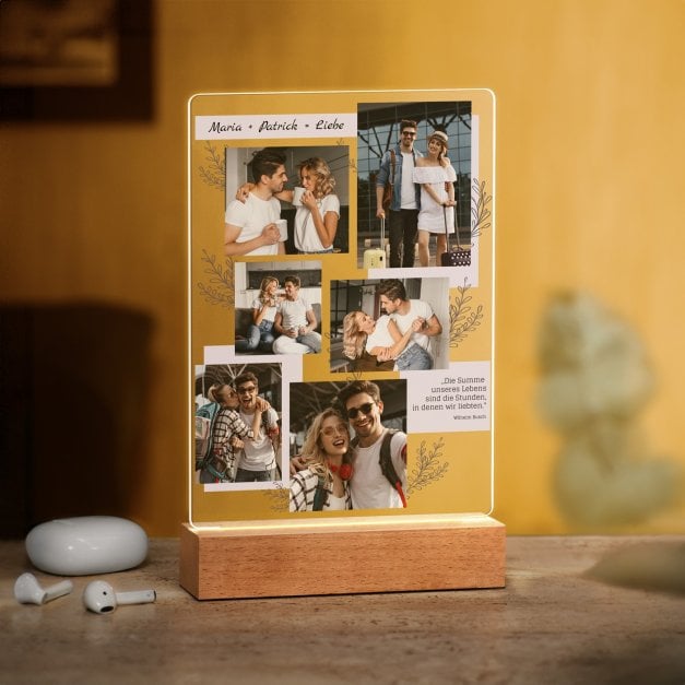 Beleuchteter LED-Rahmen mit eigenen Fotos und Holzständer Größe L für ein Paar zur Hochzeit