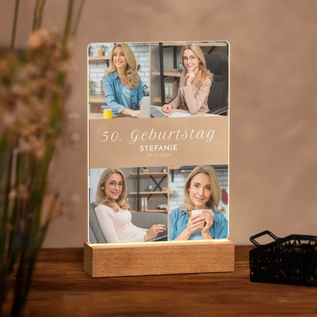 Beleuchteter LED-Rahmen mit eigenen Fotos und Holzständer Größe L für sie zum Geburtstag