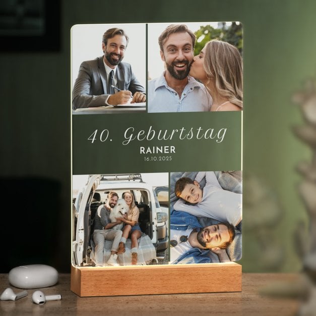 Beleuchteter LED-Rahmen mit eigenen Fotos und Holzständer Größe XL für ihn zum 40. Geburtstag