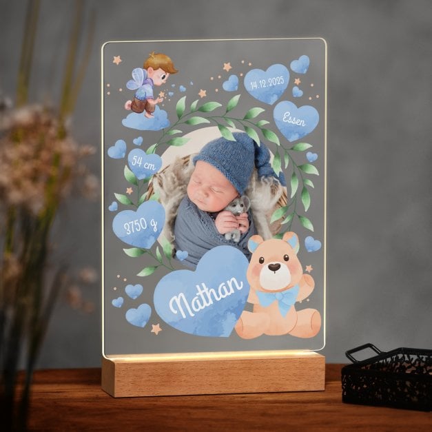 Beleuchteter LED-Rahmen mit eigenen Fotos und Holzständer Größe XL für einen Jungen zur Geburt