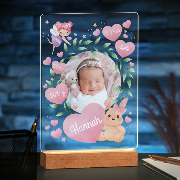 Beleuchteter LED-Rahmen mit eigenen Fotos und Holzständer Größe XL für ein Mädchen zur Geburt