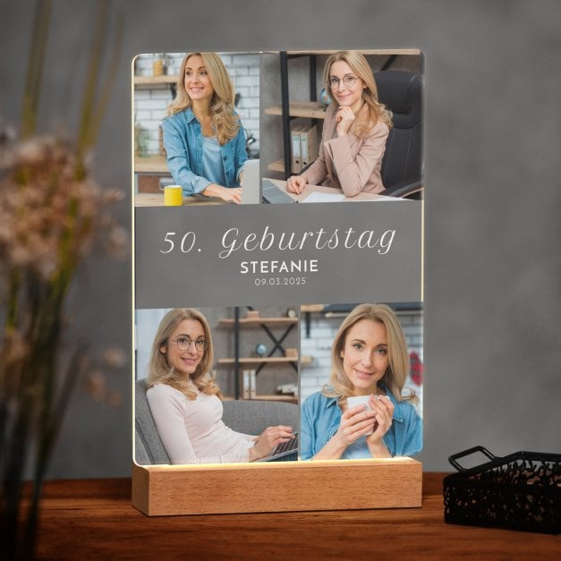 Beleuchteter LED-Rahmen mit eigenen Fotos und Holzständer Größe XL für sie zum 50. Geburtstag