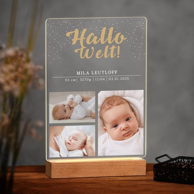 Beleuchteter LED-Rahmen mit eigenen Fotos und Holzständer Größe XL für ein kleines Mädchen zur Geburt