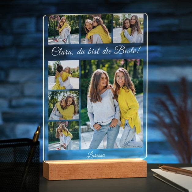 Beleuchteter LED-Rahmen mit eigenen Fotos und Holzständer Größe XL für Ihre Freundin