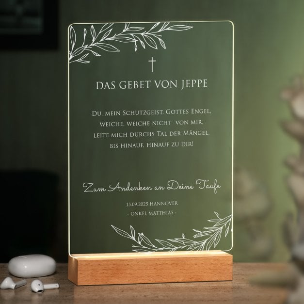 Beleuchteter LED-Rahmen mit eigenen Fotos und Holzständer Größe XL für einen Jungen zur Taufe
