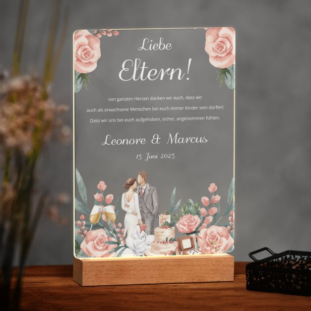 Beleuchteter LED-Rahmen mit eigenen Fotos und Holzständer Größe XL für Ihre Eltern als Dankeschön zur Hochzeit