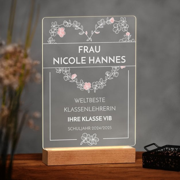 Beleuchteter LED-Rahmen mit eigenen Fotos und Holzständer Größe XL für  eine Lehrerin Klassenlehrerin