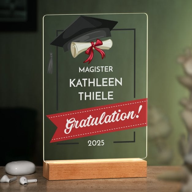 Beleuchteter LED-Rahmen mit eigenen Fotos und Holzständer Größe XL für einen Hochschulabsolventen