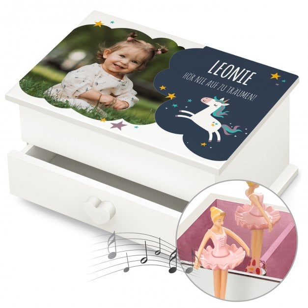 Jewelkeeper mit Ballerina-Spieldose und Aufdruck von eigenem Foto für ein Mädchen zum Geburtstag Einhorn