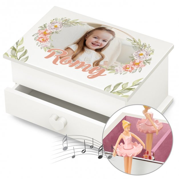 Jewelkeeper mit Ballerina-Spieldose und Aufdruck von eigenem Foto für ein Mädchen zum Geburtstag Blumen